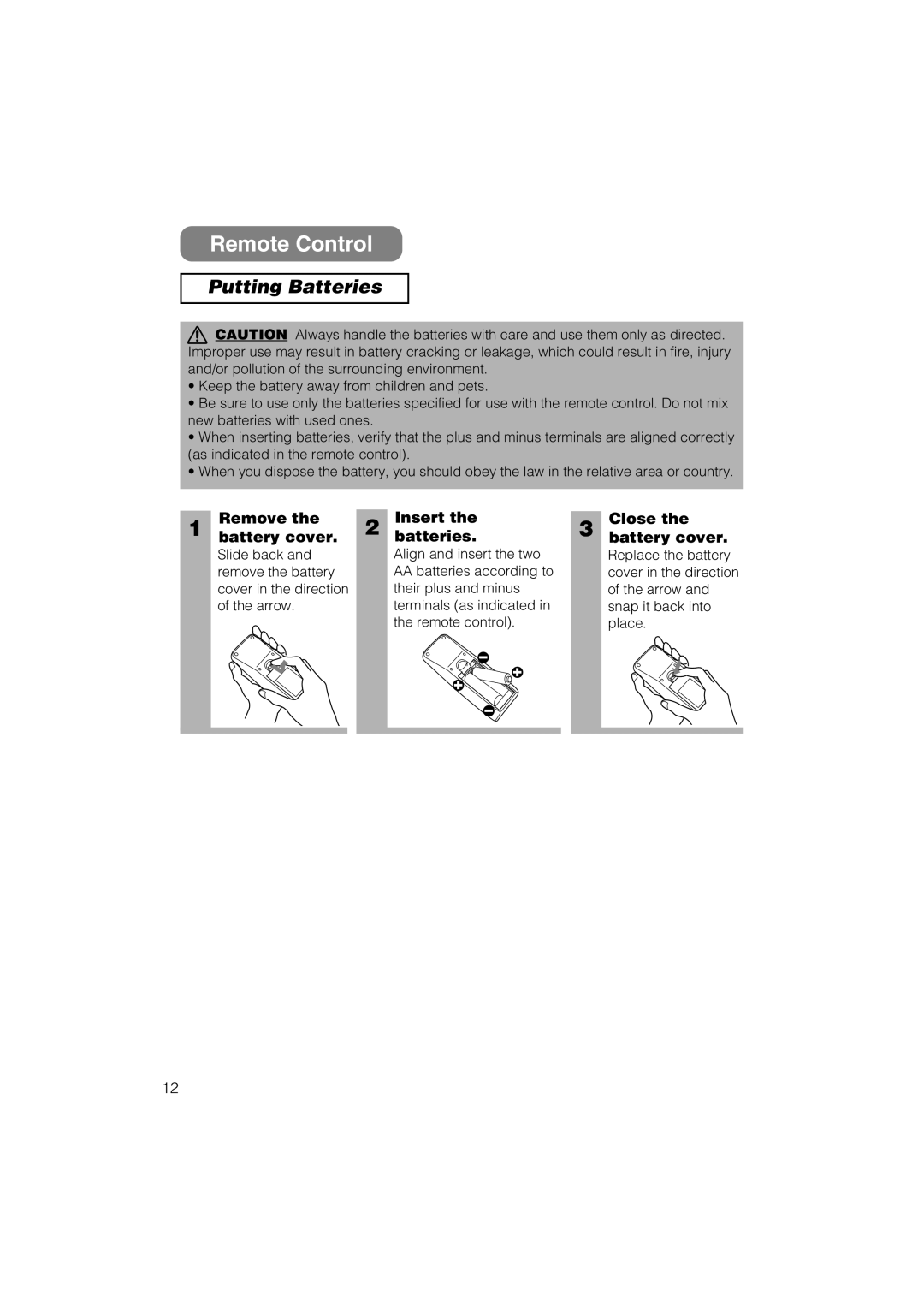 Dukane 8055 user manual Remote Control, Putting Batteries, Remove Battery cover, Insert Batteries, Close Battery cover 