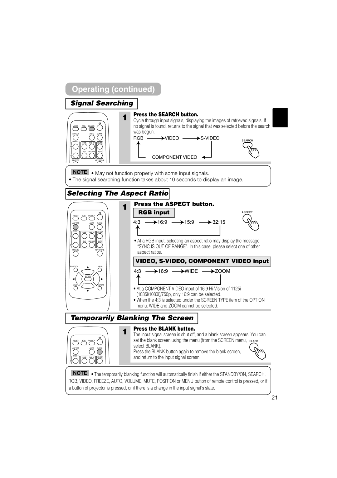 Dukane 8055 user manual Signal Searching, Selecting The Aspect Ratio, Temporarily Blanking The Screen 