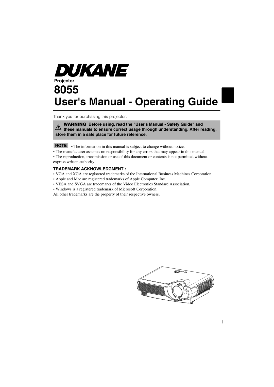 Dukane 8055 user manual Projector 