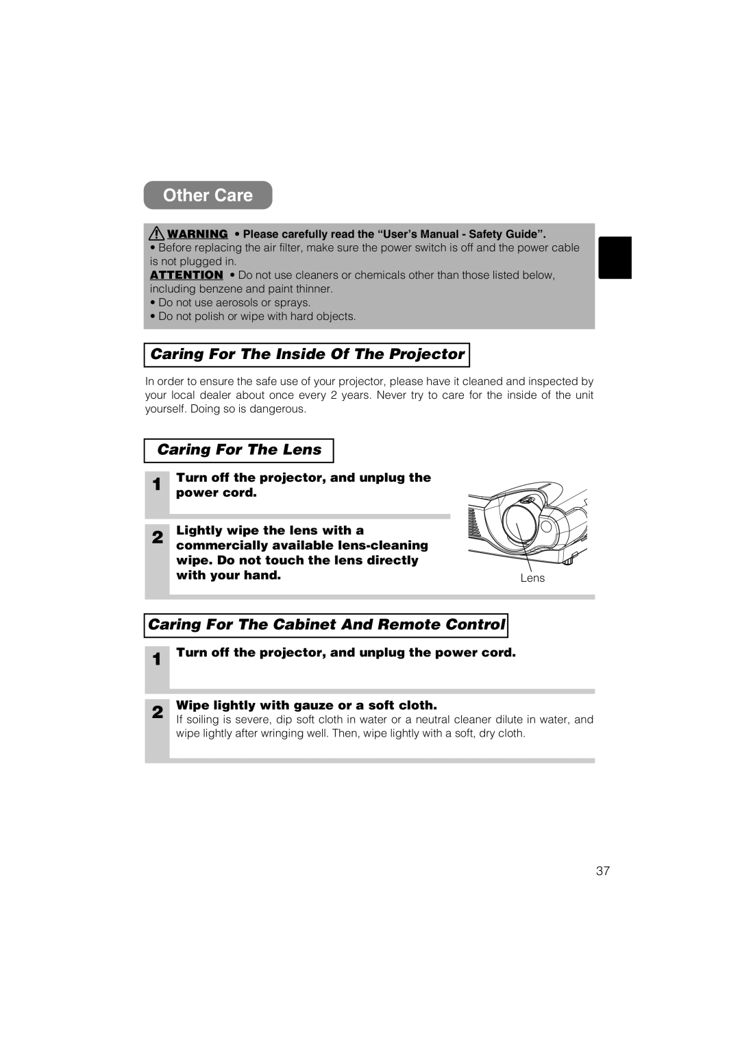 Dukane 8055 user manual Other Care, Caring For The Inside Of The Projector, Caring For The Lens 