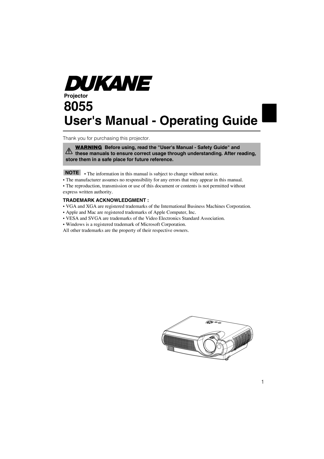 Dukane 8055 Users Manual - Operating Guide, Projector, WARNING Before using, read the Users Manual - Safety Guide and 