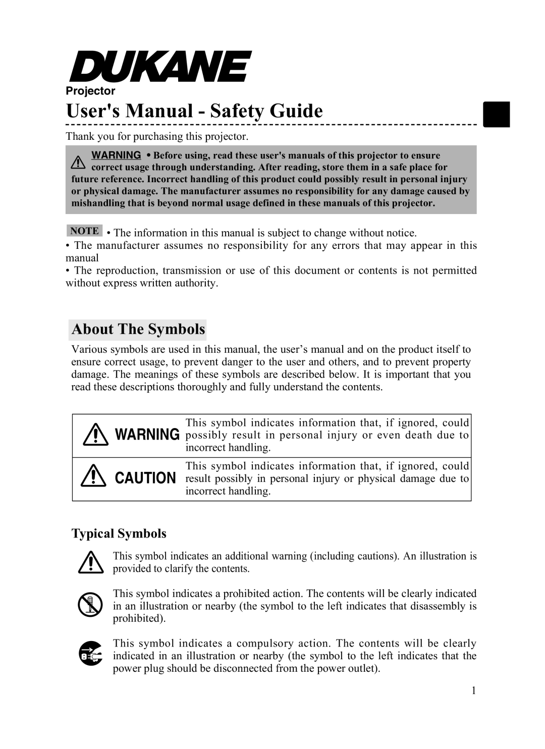 Dukane 8055 user manual Users Manual - Safety Guide, Typical Symbols, About The Symbols, Projector 