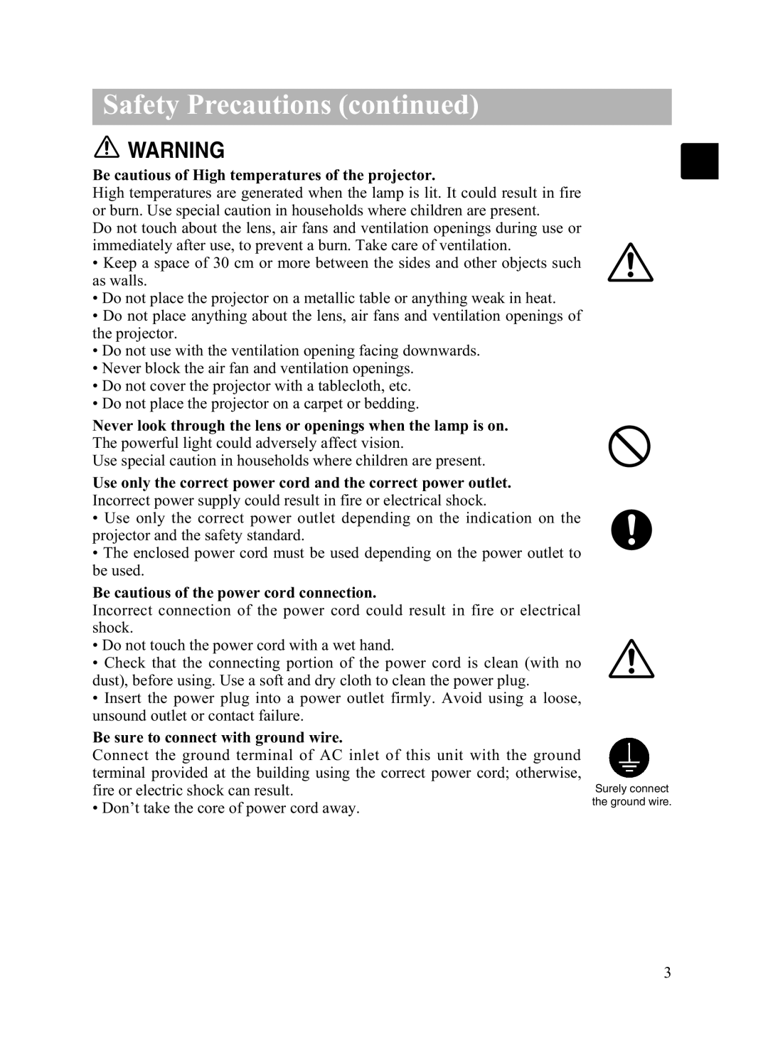 Dukane 8055 user manual Safety Precautions continued, Be cautious of High temperatures of the projector 