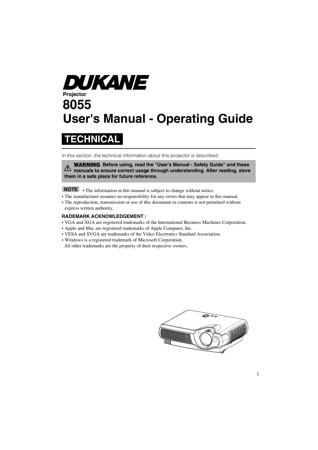 Dukane 8055 user manual Users Manual - Operating Guide, Technical, Projector, them in a safe place for future reference 