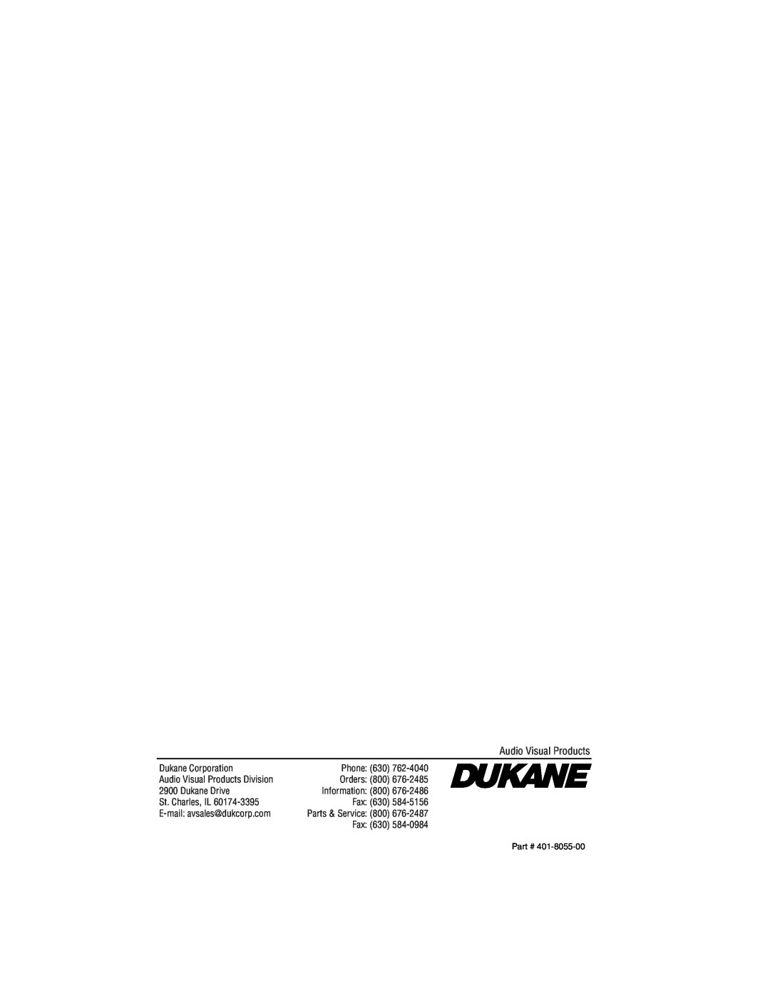 Dukane 8055 user manual Audio Visual Products, Parts & Service 