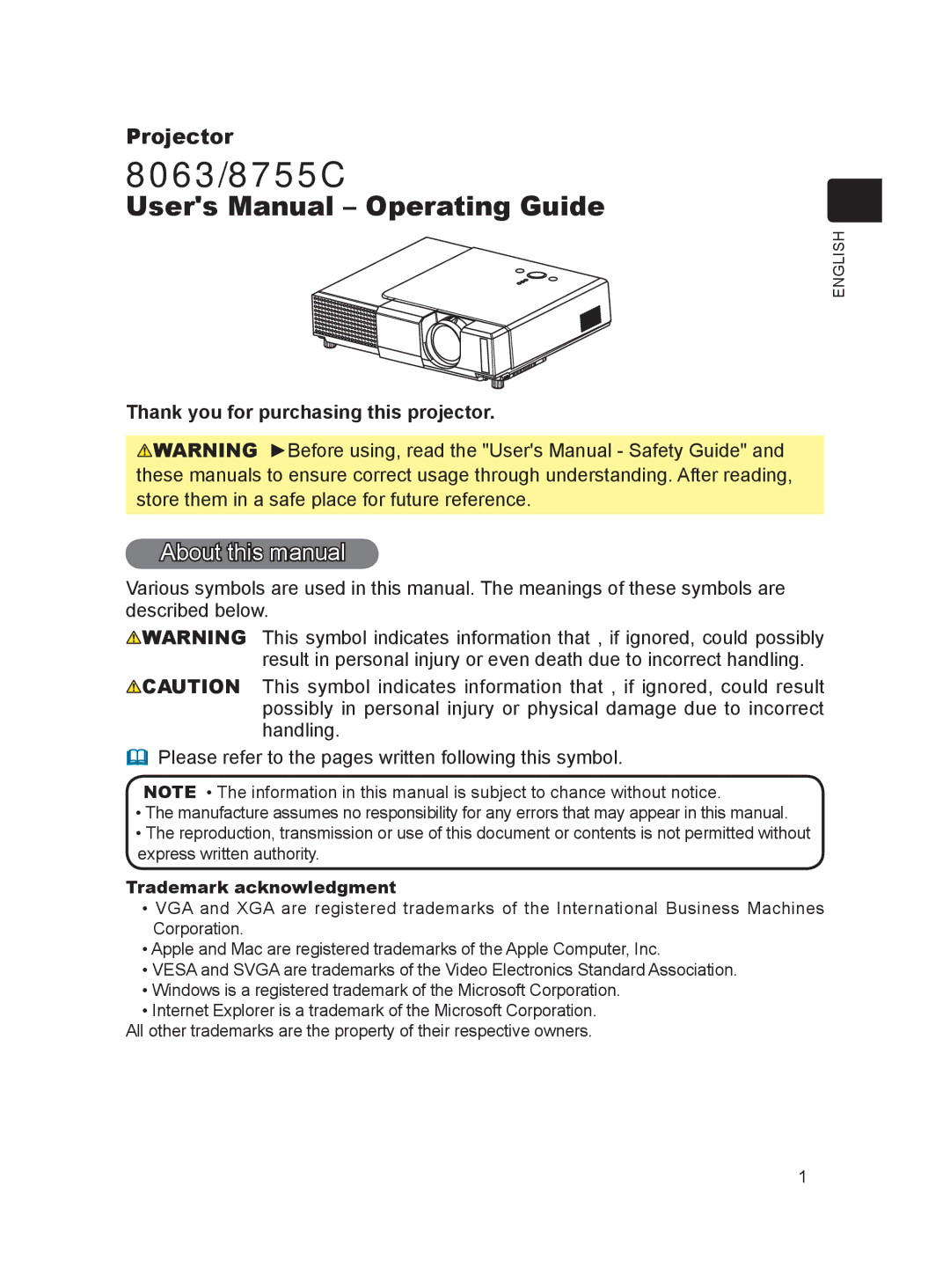 Dukane 8755C, 8063 user manual About this manual, Thank you for purchasing this projector, Trademark acknowledgment 