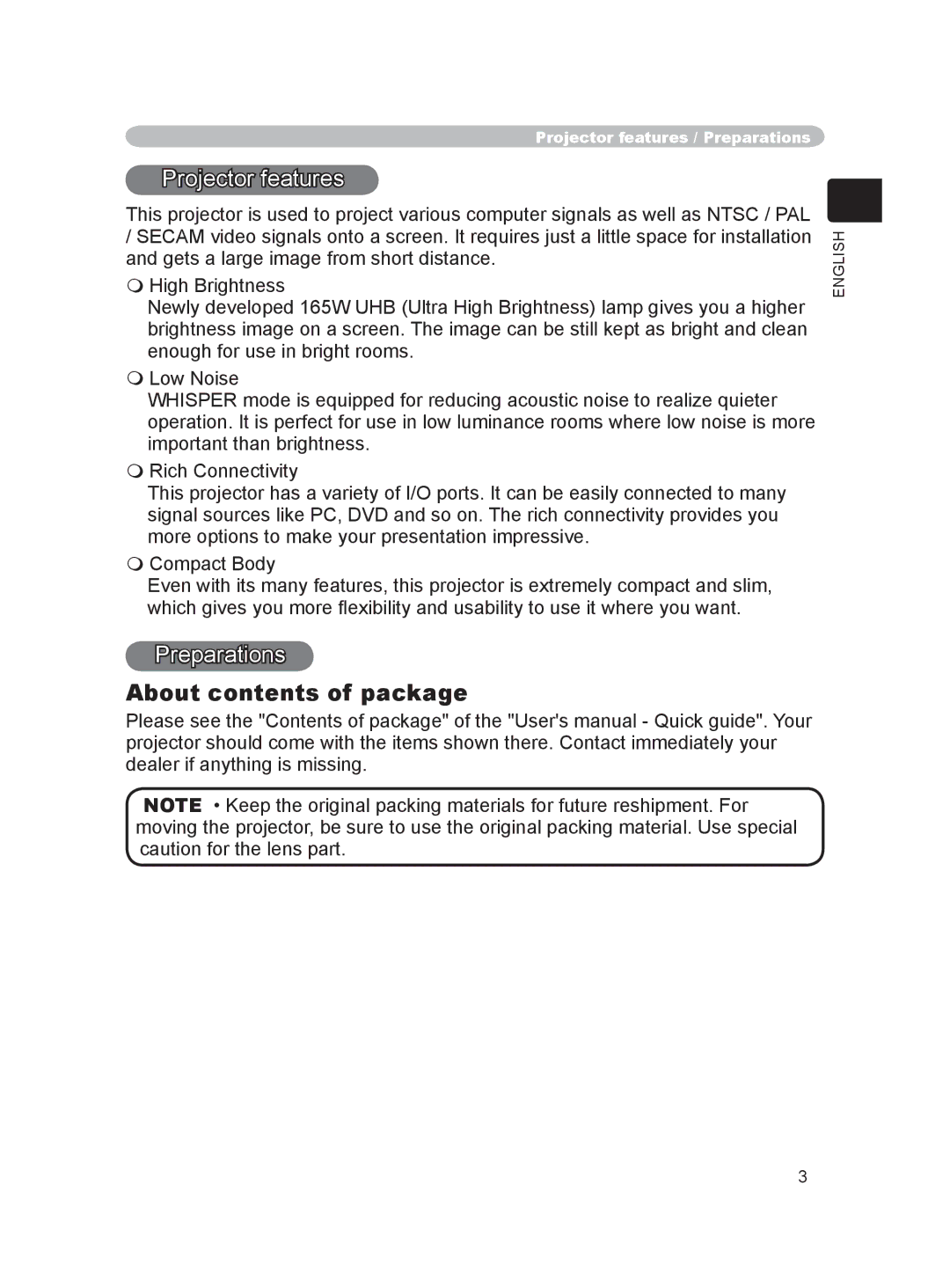 Dukane 8755C, 8063 user manual Projector features, Preparations, About contents of package 