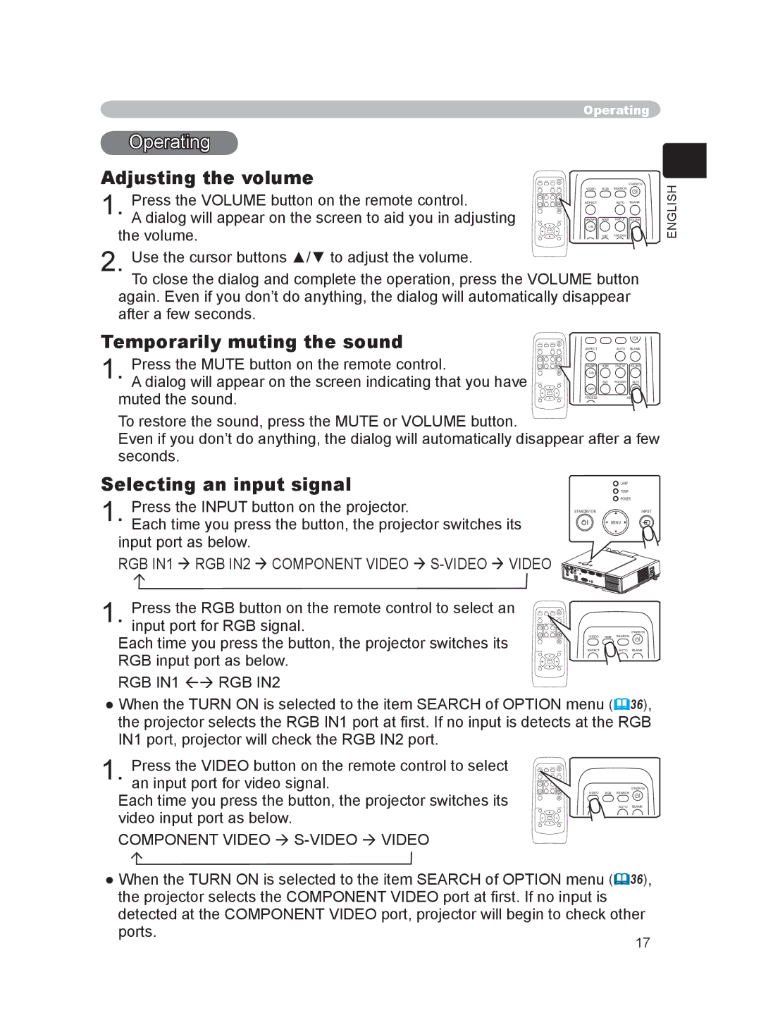 Dukane 8755C, 8063 user manual Operating, Adjusting the volume, Temporarily muting the sound, Selecting an input signal 