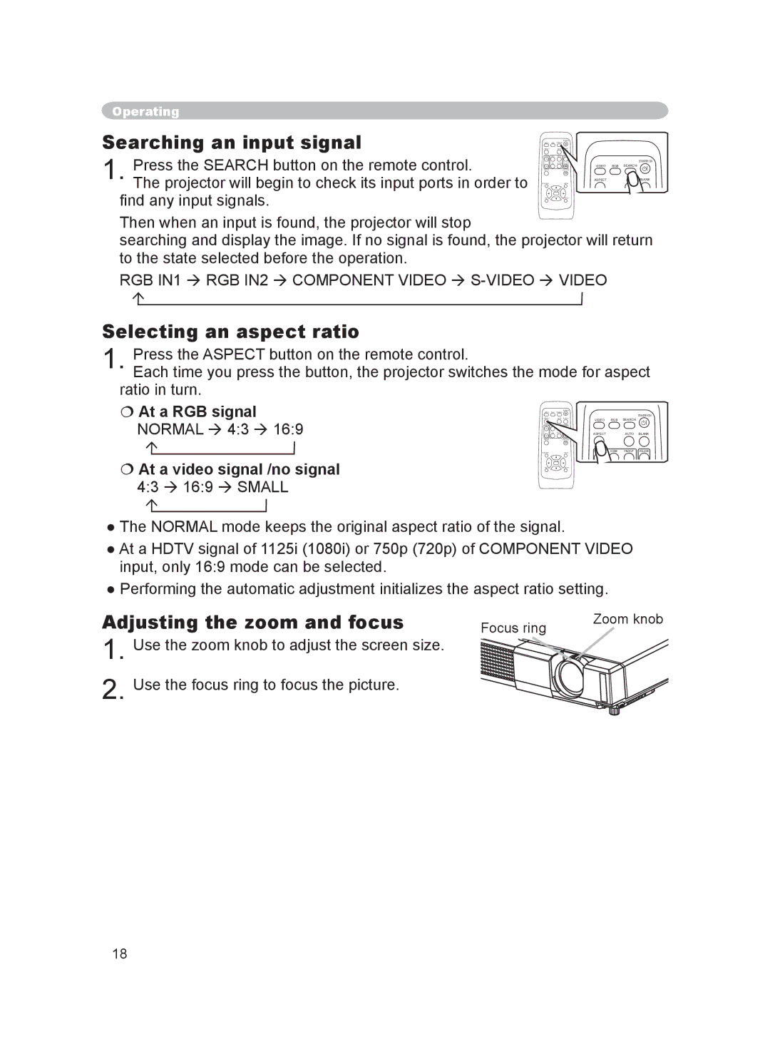 Dukane 8063, 8755C user manual Searching an input signal, Selecting an aspect ratio, Adjusting the zoom and focus 