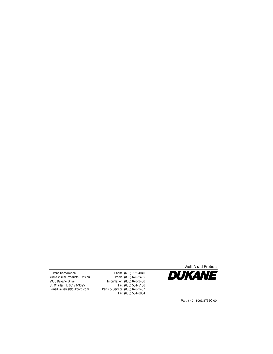 Dukane 8063, 8755C user manual Audio Visual Products 