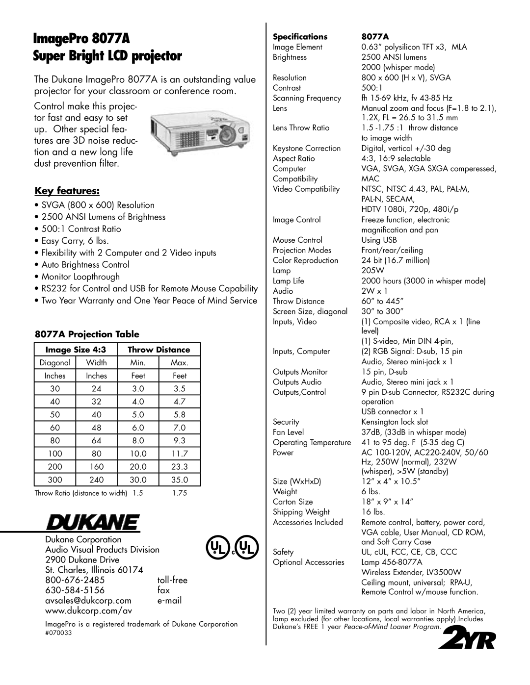 Dukane manual ImagePro 8077A Super Bright LCD projector, Key features, 8077A Projection Table, Image Size Throw Distance 