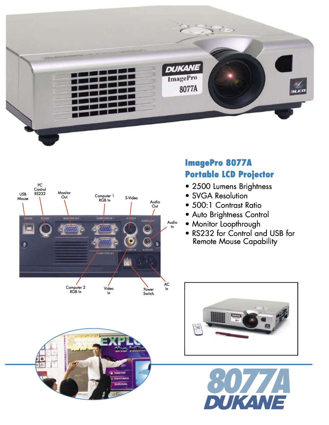 Dukane manual ImagePro 8077A Portable LCD Projector, Lumens Brightness SVGA Resolution 5001 Contrast Ratio 