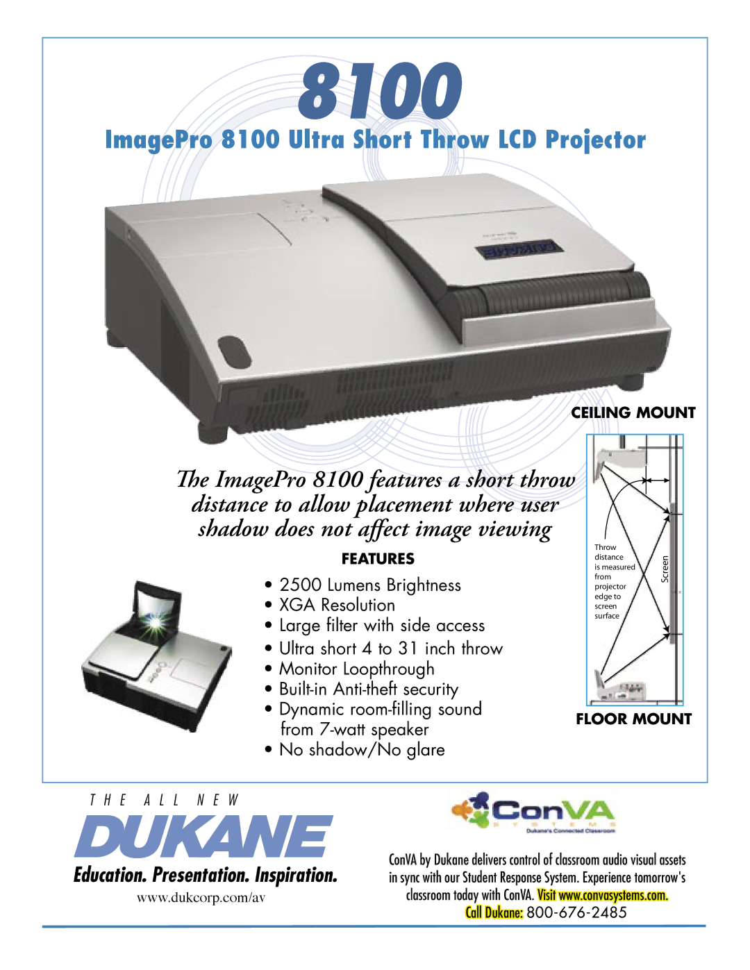 Dukane manual ImagePro 8100 Ultra Short Throw LCD Projector, Ceiling Mount, Features, Floor Mount 