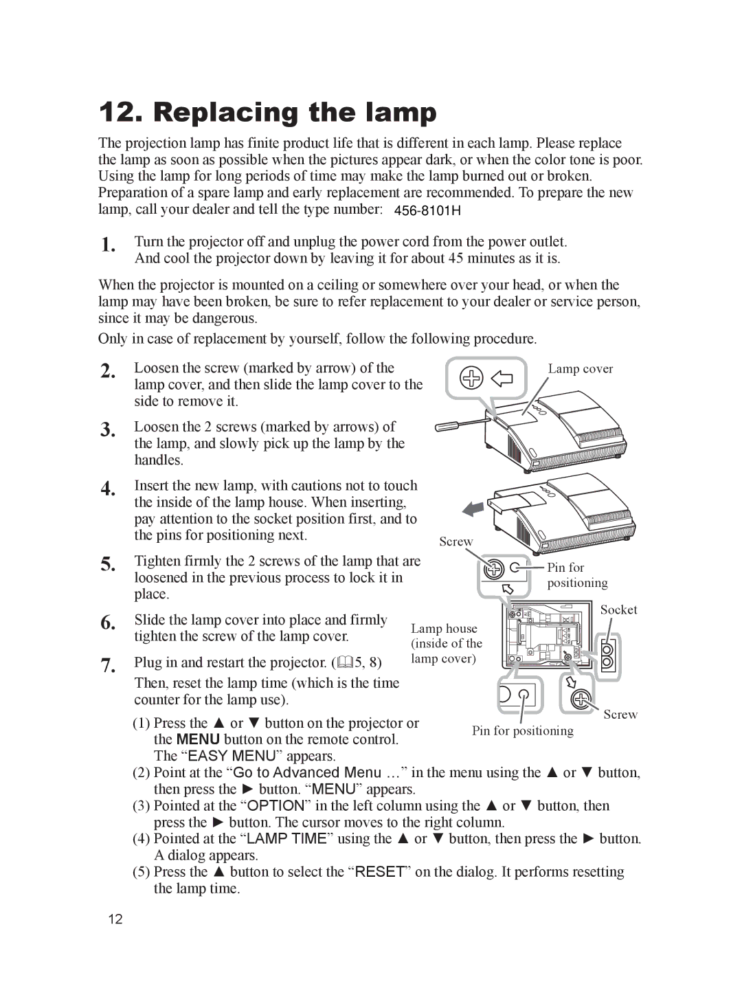 Dukane 8103H user manual Replacing the lamp 