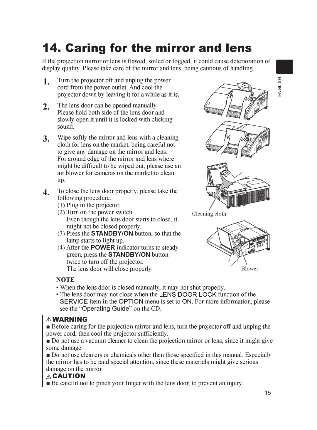 Dukane 8103H user manual Caring for the mirror and lens 