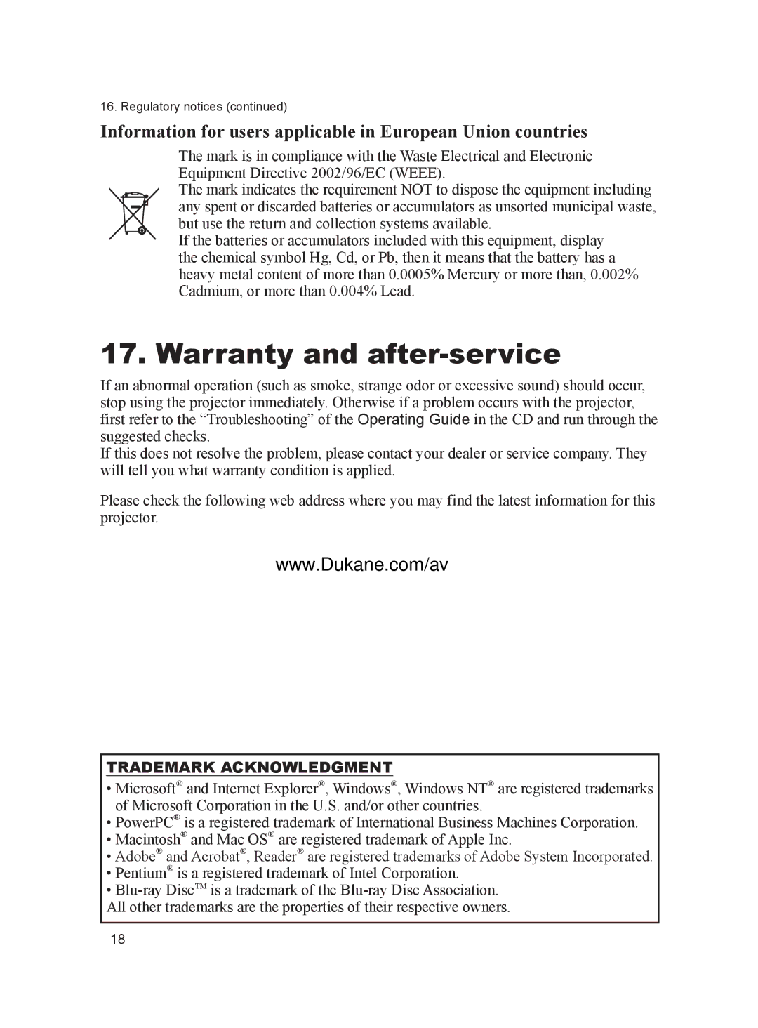 Dukane 8103H user manual Warranty and after-service, Trademark Acknowledgment 