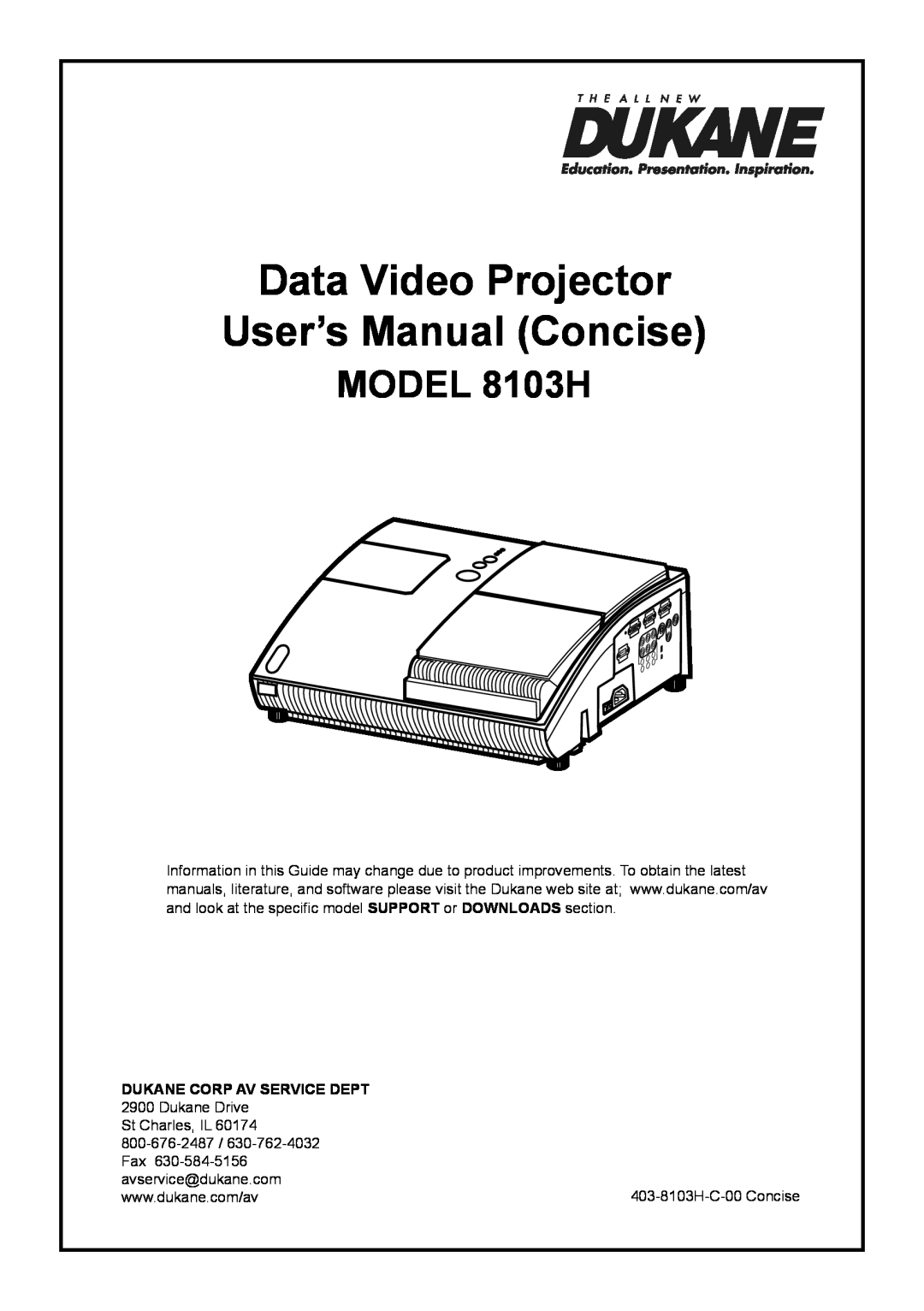 Dukane user manual Data Video Projector User’s Manual Concise, Model 8103H, Dukane Corp Av Service Dept, Dukane Drive 