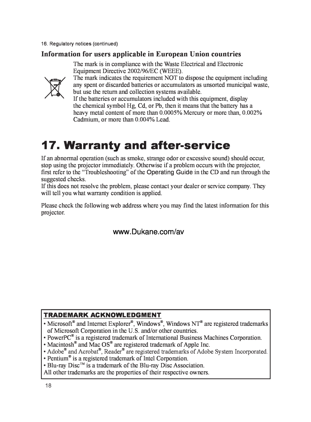 Dukane 8103H user manual Warranty and after-service, Information for users applicable in European Union countries 