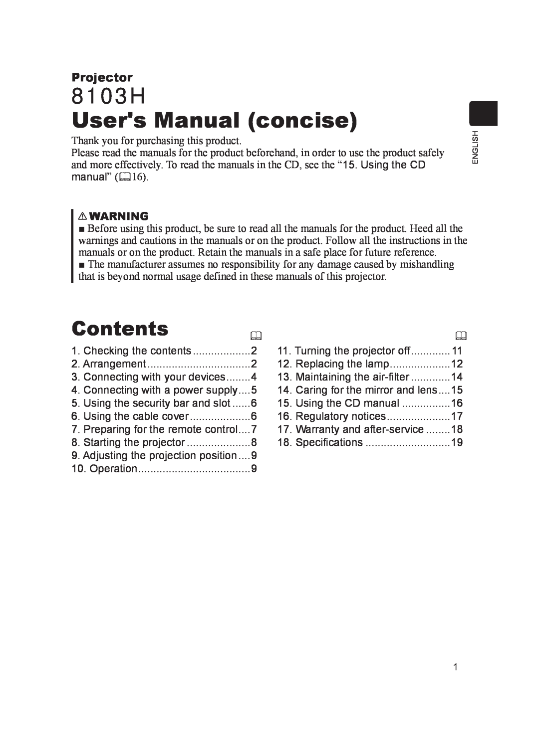 Dukane user manual Contents, 8103H Users Manual concise, Projector 