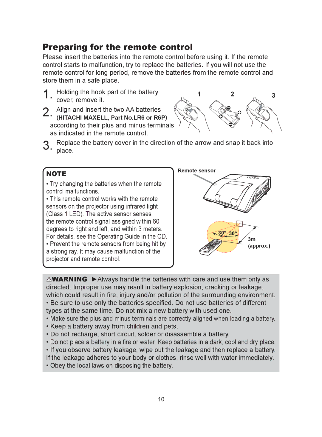 Dukane 8104HW user manual Preparing for the remote control, Hitachi MAXELL, Part No.LR6 or R6P 