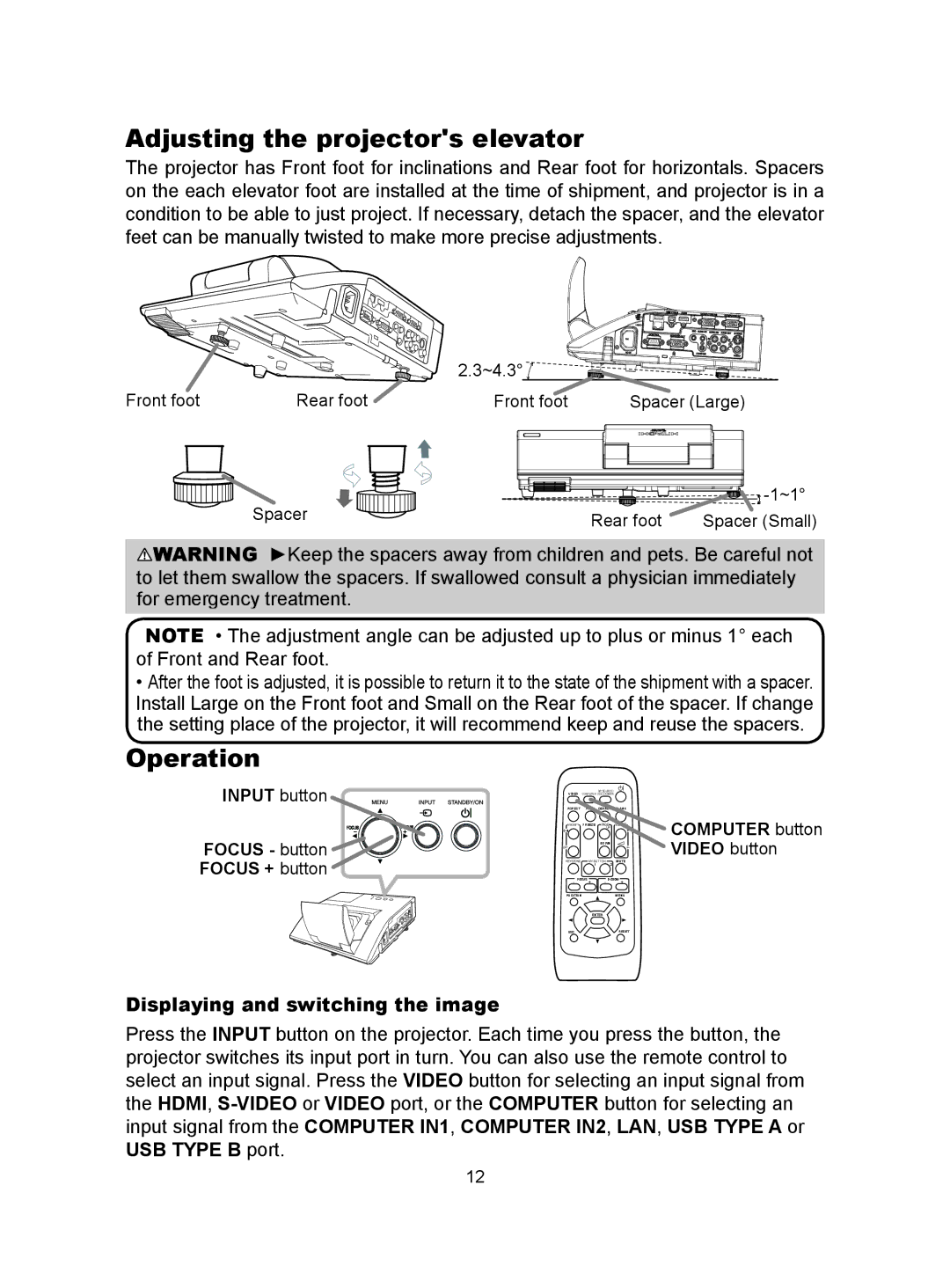 Dukane 8104HW user manual Adjusting the projectors elevator, Operation, Displaying and switching the image 