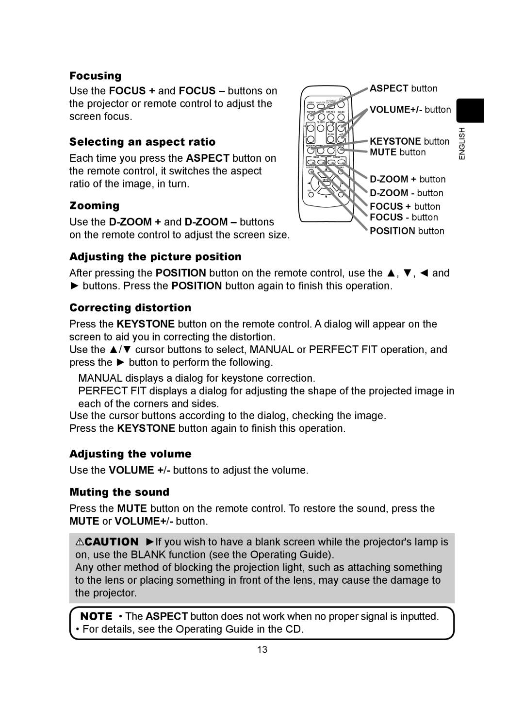 Dukane 8104HW Focusing, Selecting an aspect ratio, Zooming, Adjusting the picture position, Correcting distortion 