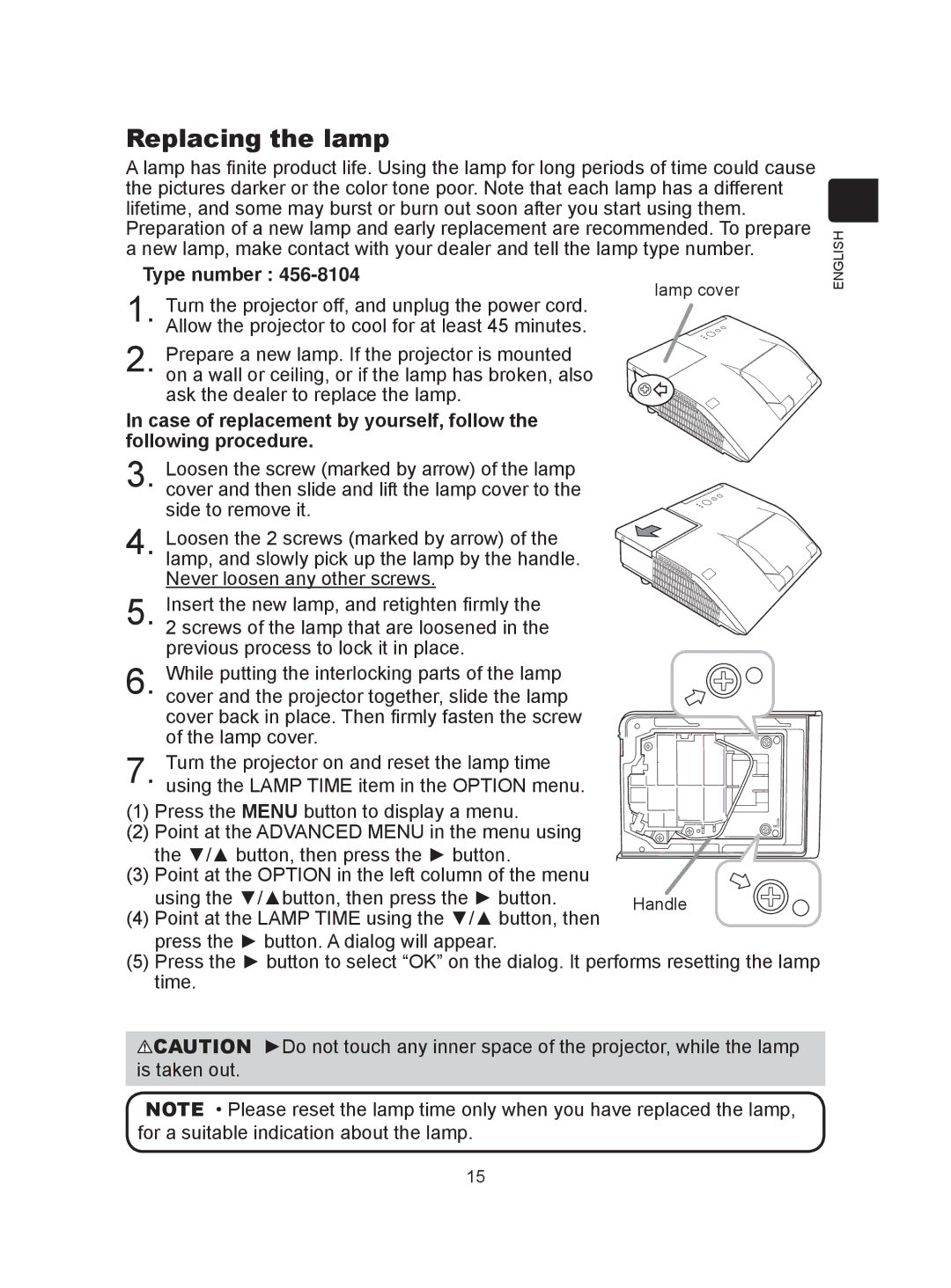 Dukane 8104HW user manual Replacing the lamp, Type number 