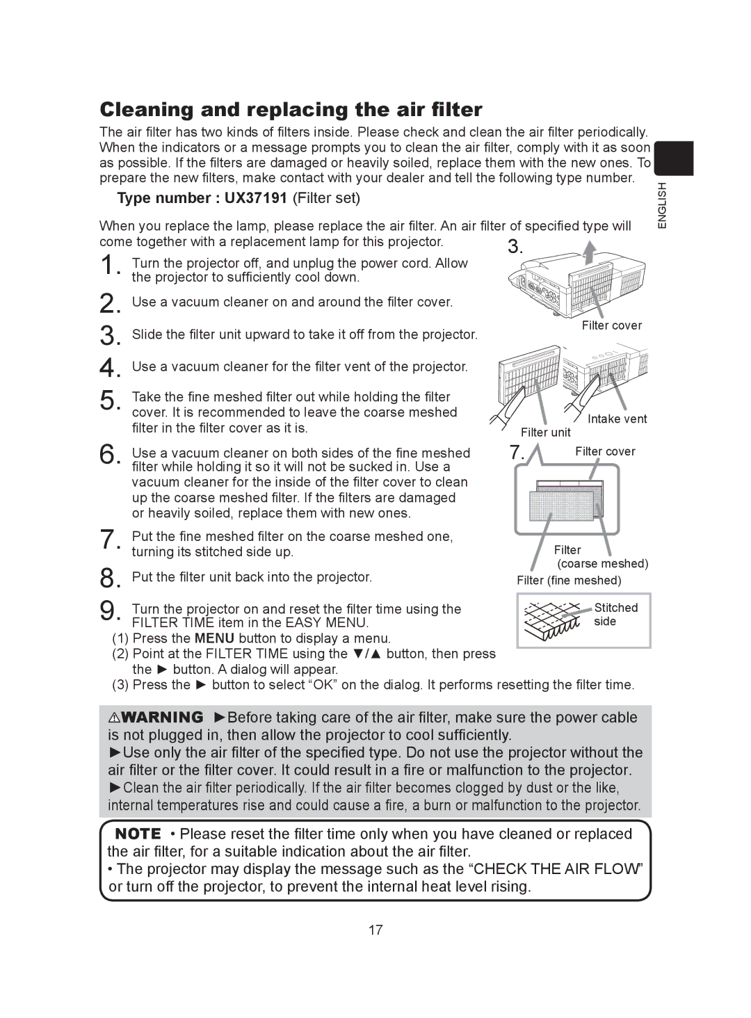 Dukane 8104HW user manual Cleaning and replacing the air filter, Type number UX37191 Filter set 