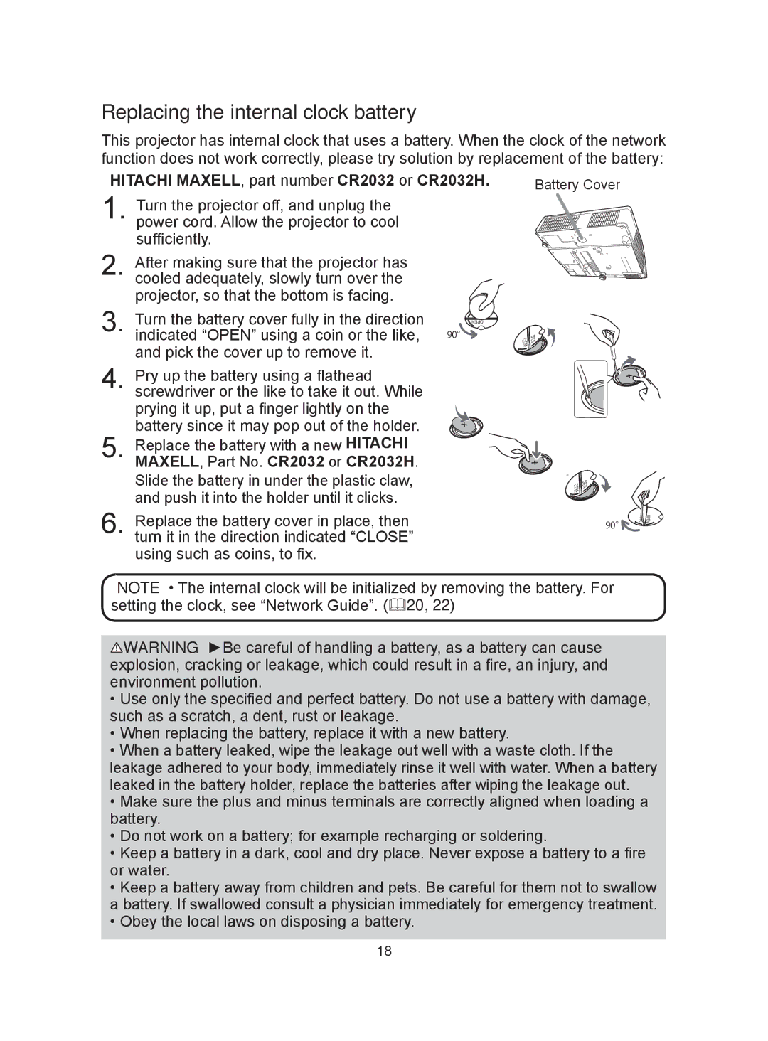 Dukane 8104HW user manual Replacing the internal clock battery, Hitachi MAXELL, part number CR2032 or CR2032H 