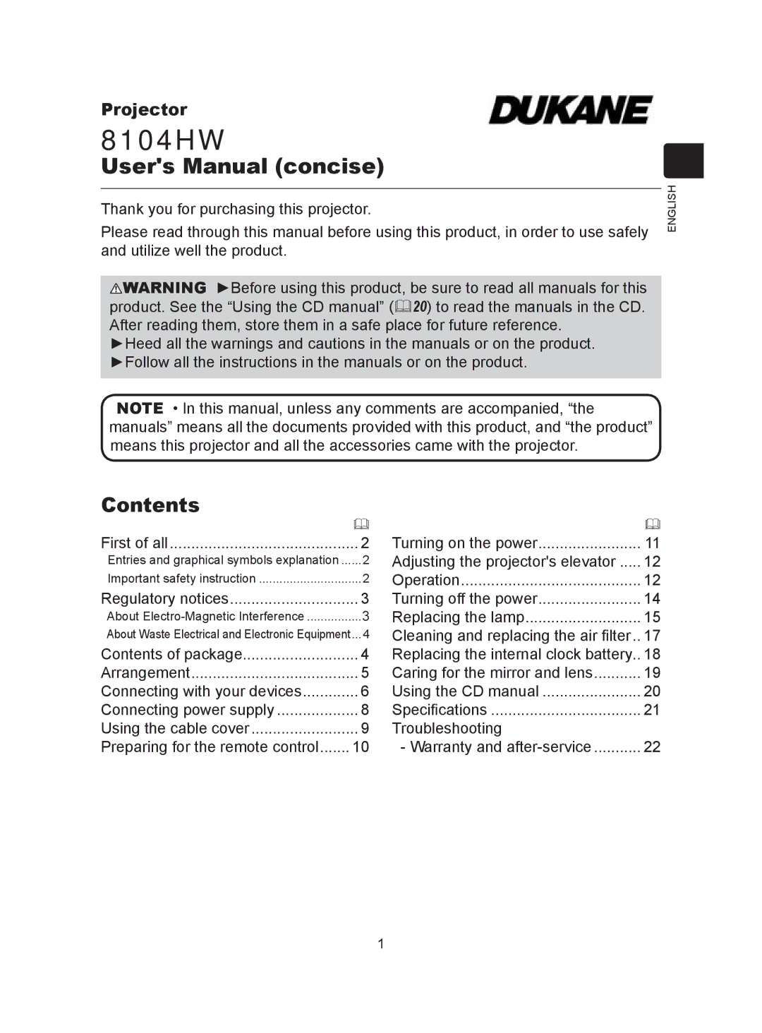 Dukane 8104HW user manual Contents 