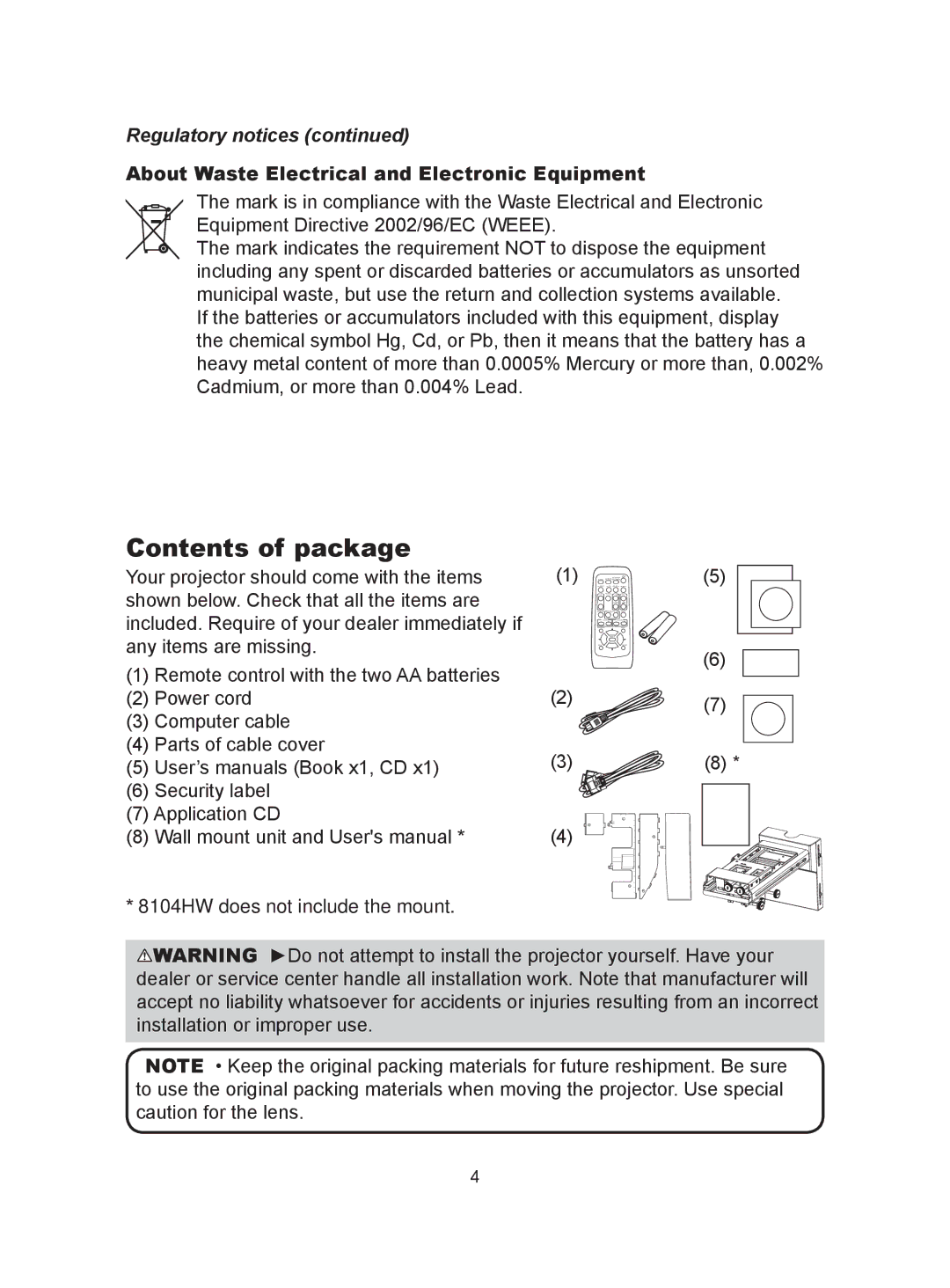 Dukane 8104HW user manual Contents of package 