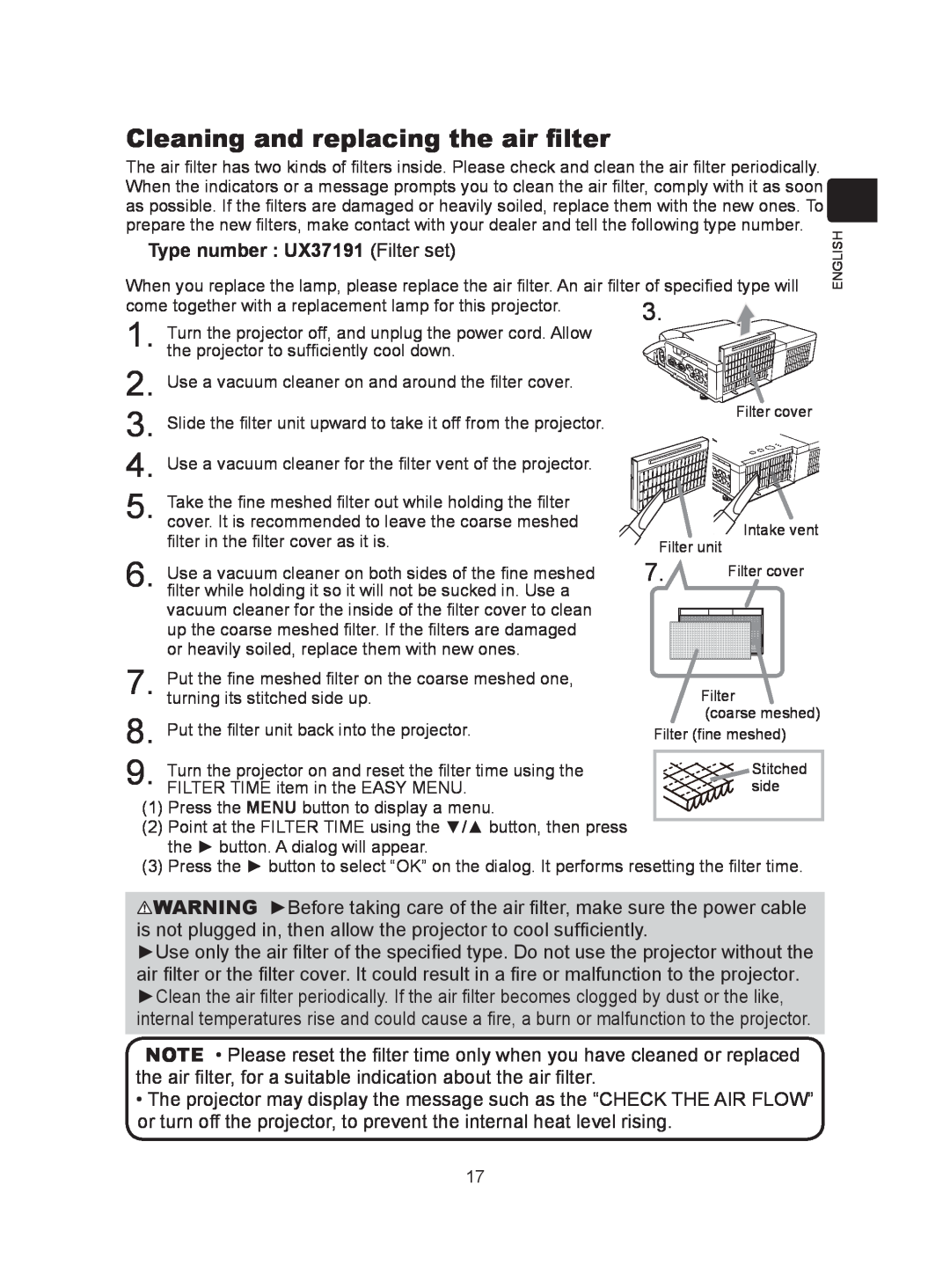 Dukane 8104HW user manual Cleaning and replacing the air filter, Type number UX37191 Filter set 