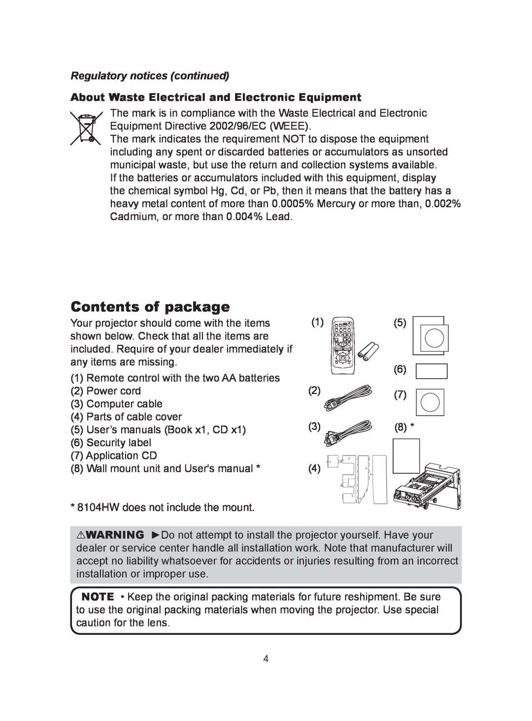 Dukane 8104HW Contents of package, Regulatory notices continued, About Waste Electrical and Electronic Equipment 