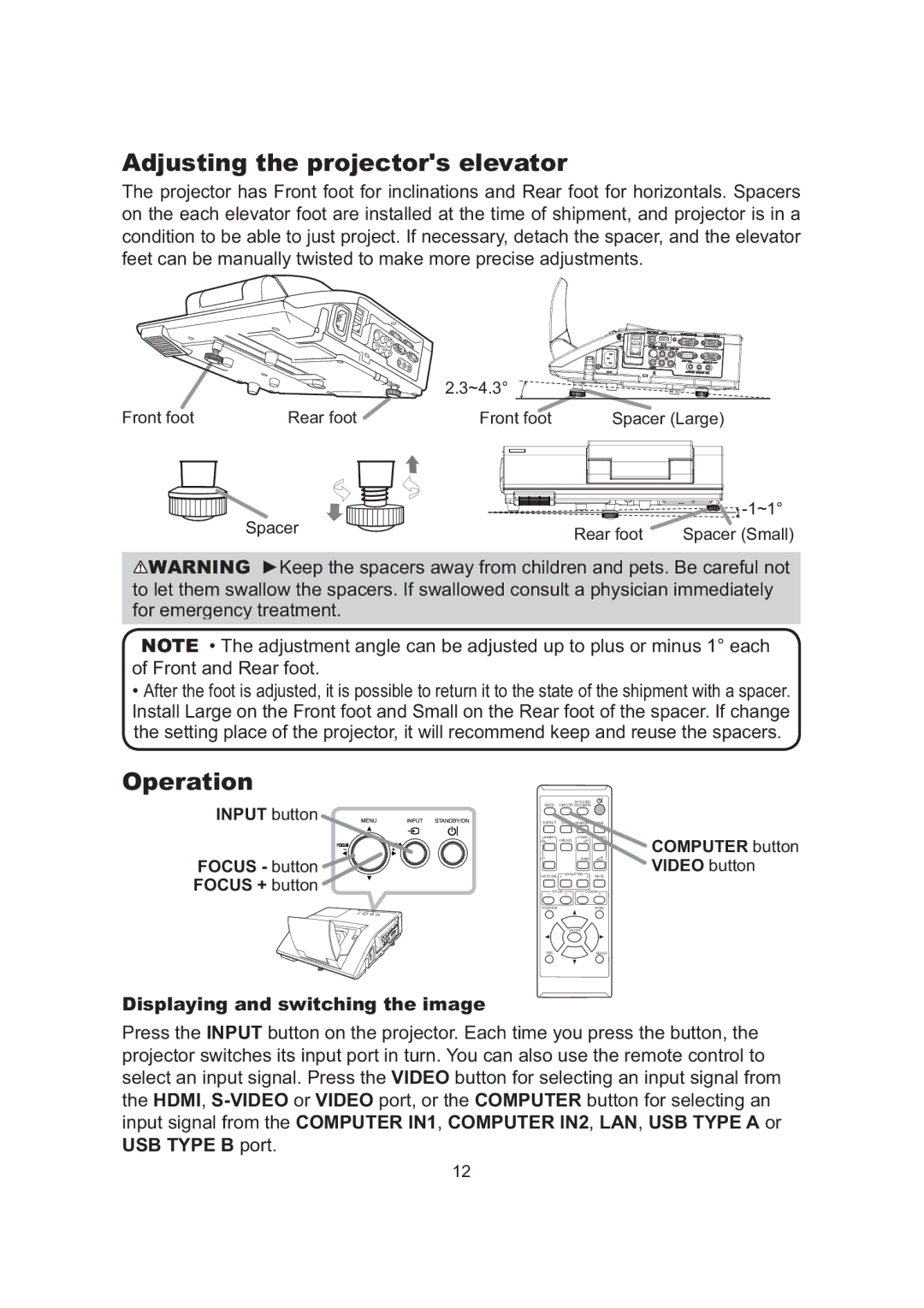 Dukane 8106B, 8104WB, 8105B user manual Adjusting the projectors elevator, Operation, Displaying and switching the image 