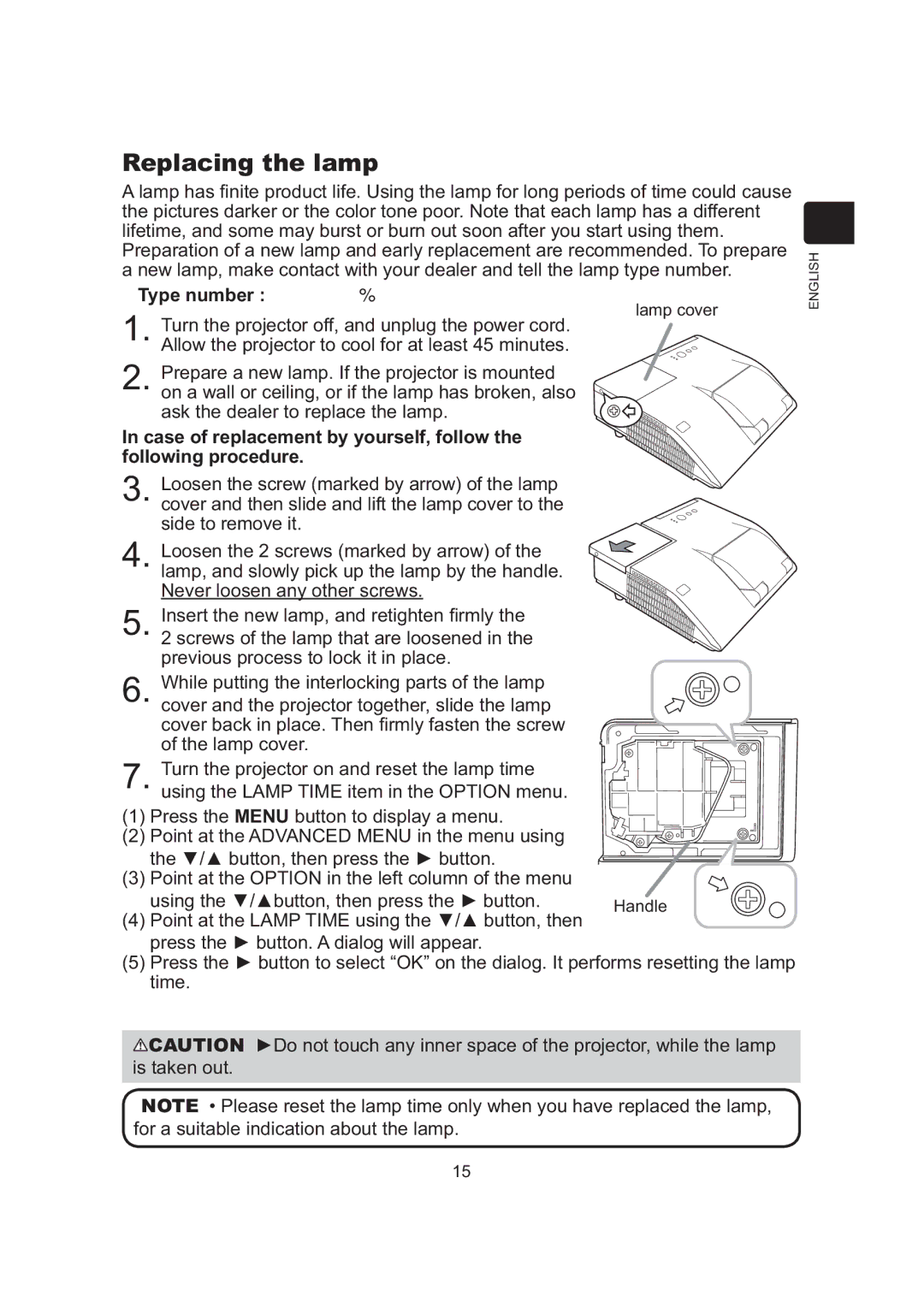 Dukane 8106B, 8104WB user manual Replacing the lamp, Type number 456-8105B 