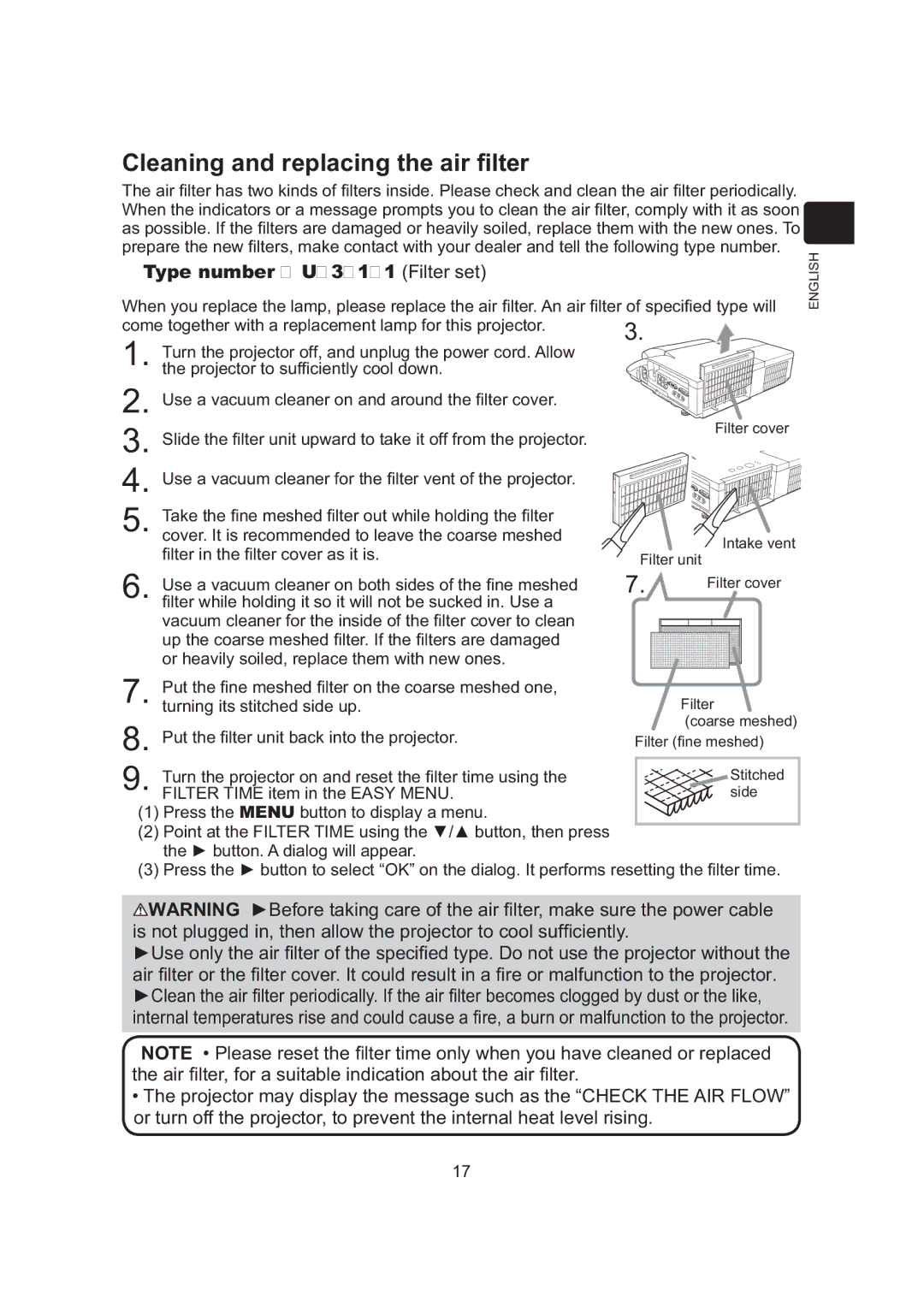 Dukane 8105B, 8104WB, 8106B user manual Cleaning and replacing the air ﬁlter, Type number UX37191 Filter set 