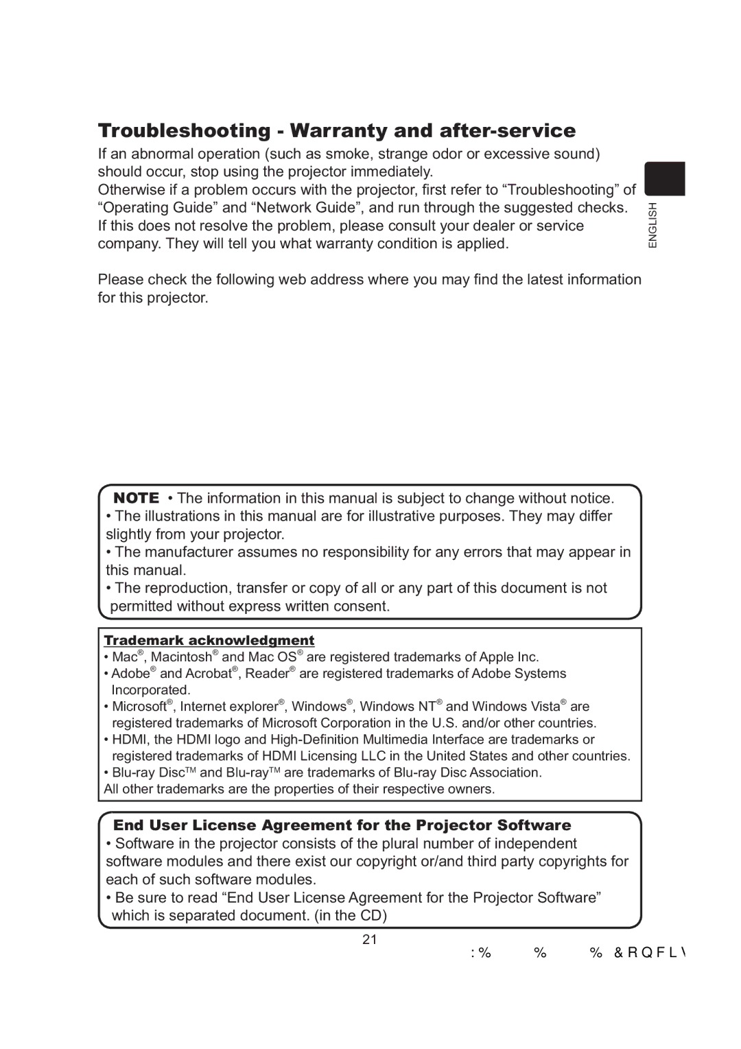 Dukane 8106B, 8104WB Troubleshooting Warranty and after-service, End User License Agreement for the Projector Software 