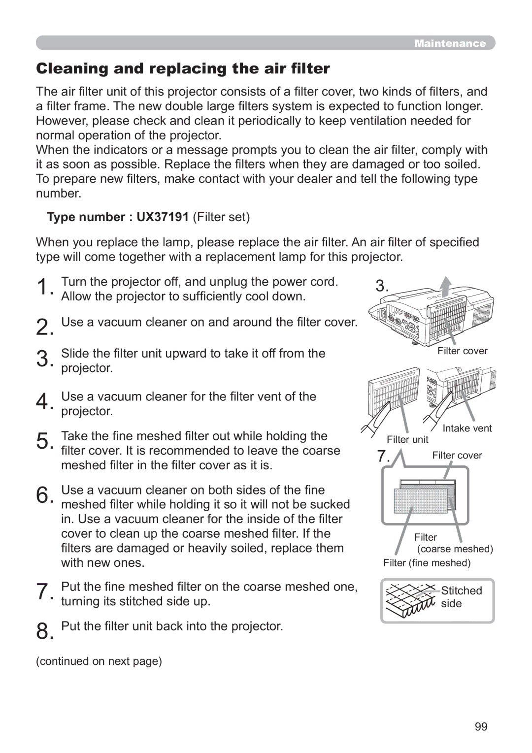 Dukane 8107HWI user manual Cleaning and replacing the air ﬁlter, Type number UX37191 Filter set, Stitched side On next 