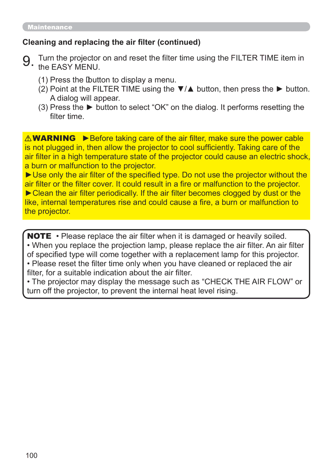 Dukane 8107HWI user manual Cleaning and replacing the air ﬁlter, 100 