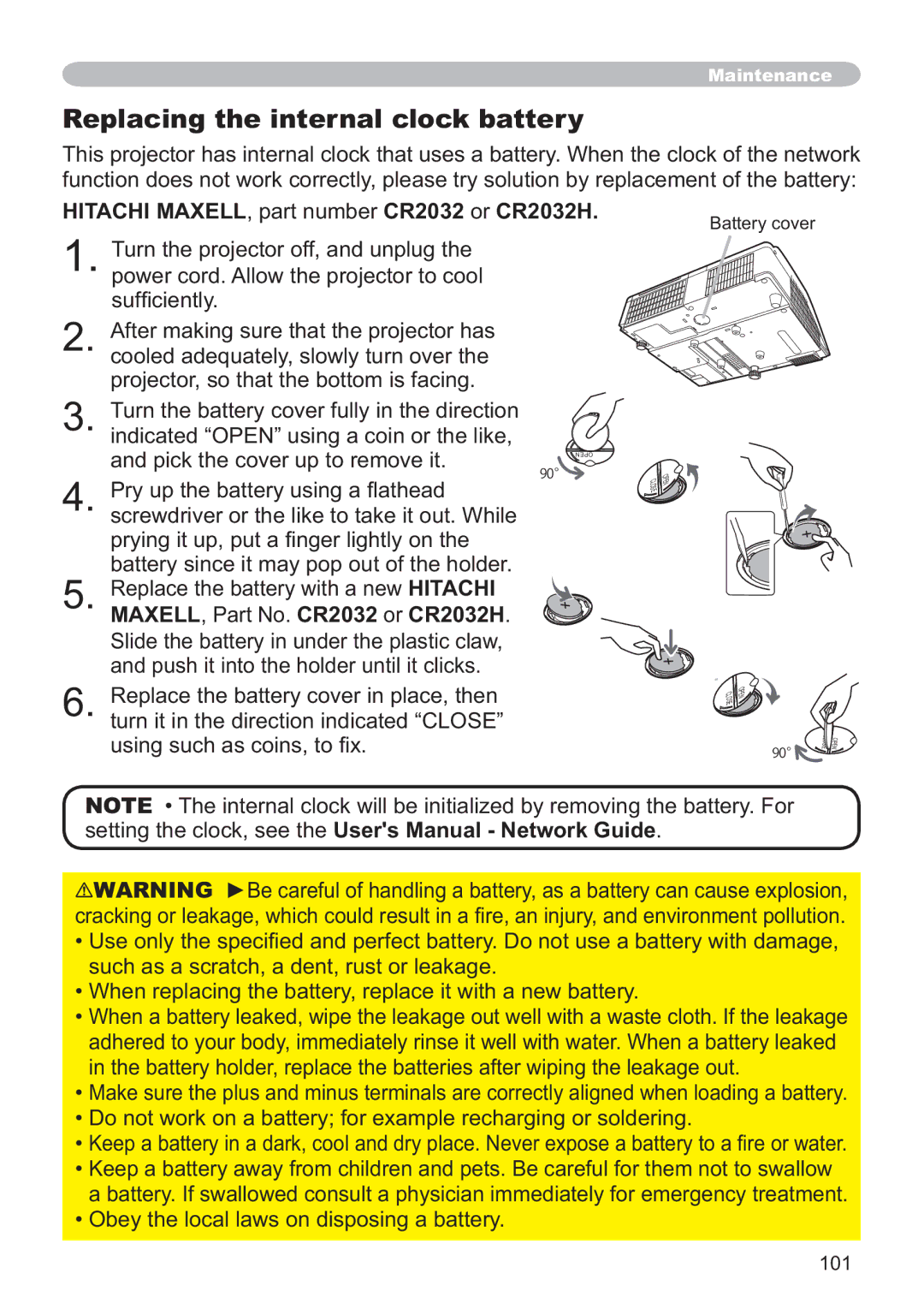 Dukane 8107HWI user manual Replacing the internal clock battery, Hitachi MAXELL, part number CR2032 or CR2032H, 101 