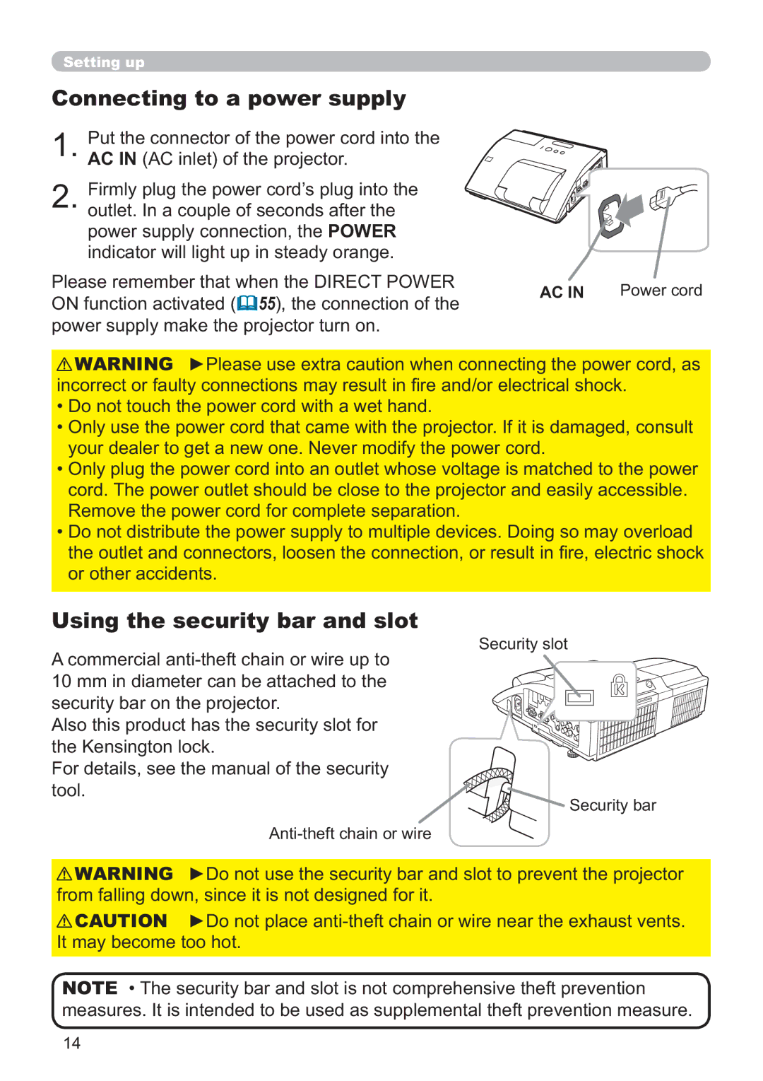 Dukane 8107HWI user manual Connecting to a power supply, Using the security bar and slot, Security slot 