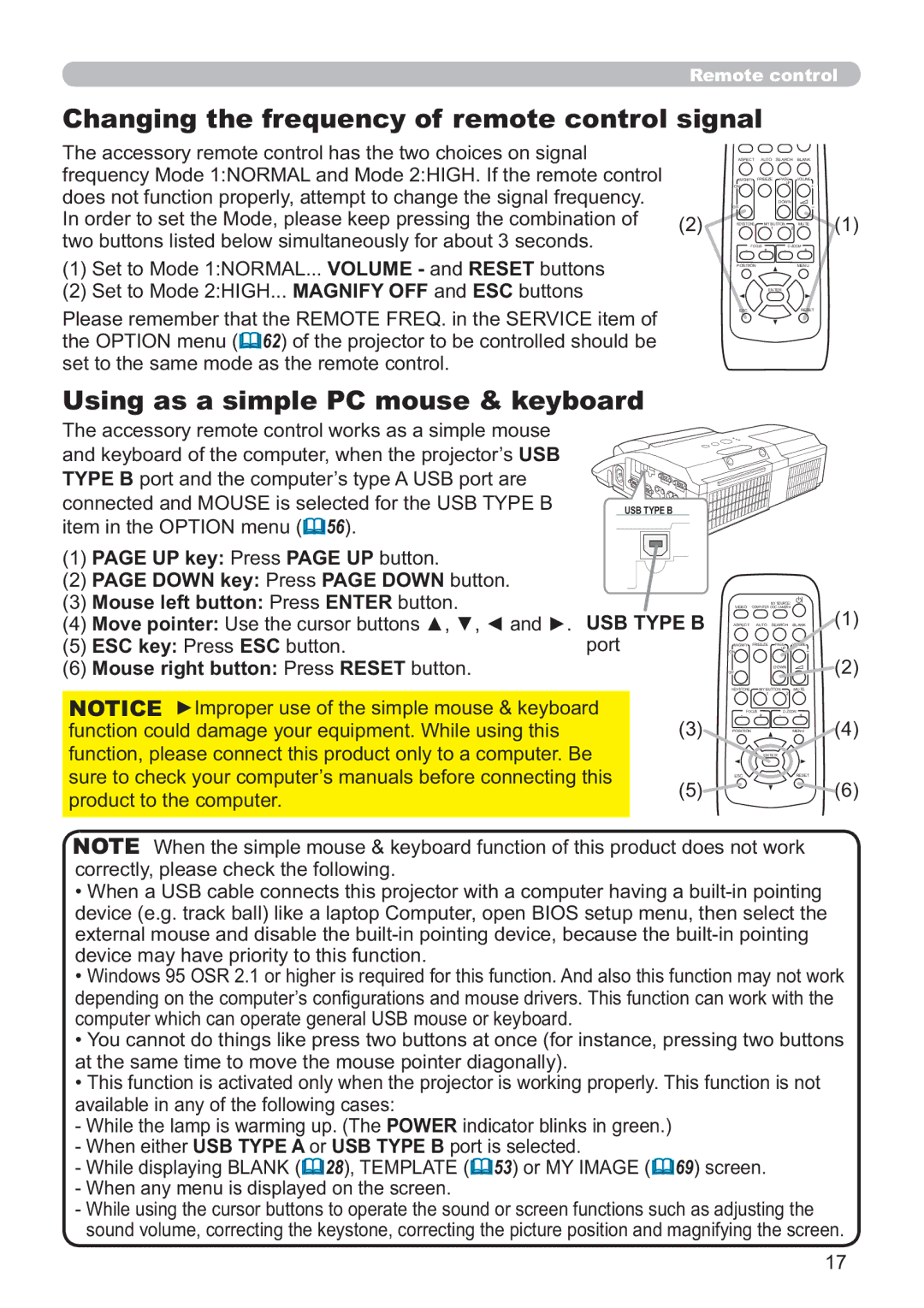 Dukane 8107HWI Changing the frequency of remote control signal, Using as a simple PC mouse & keyboard, USB Type B port 