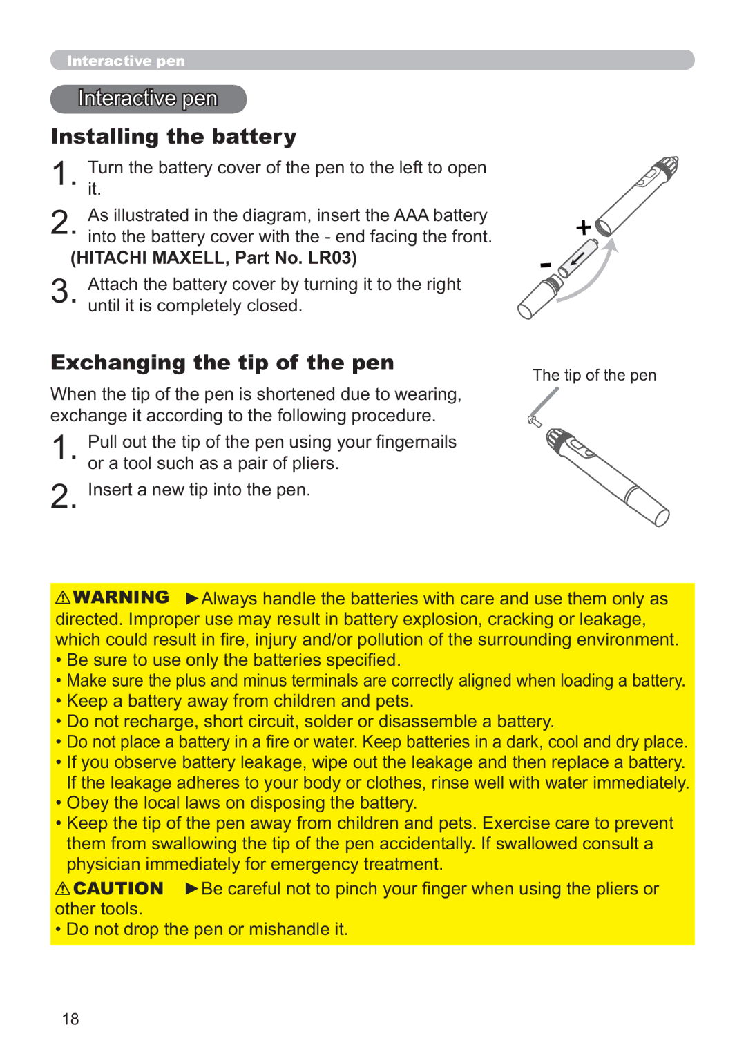 Dukane 8107HWI Interactive pen, Installing the battery, Exchanging the tip of the pen, Hitachi MAXELL, Part No. LR03 