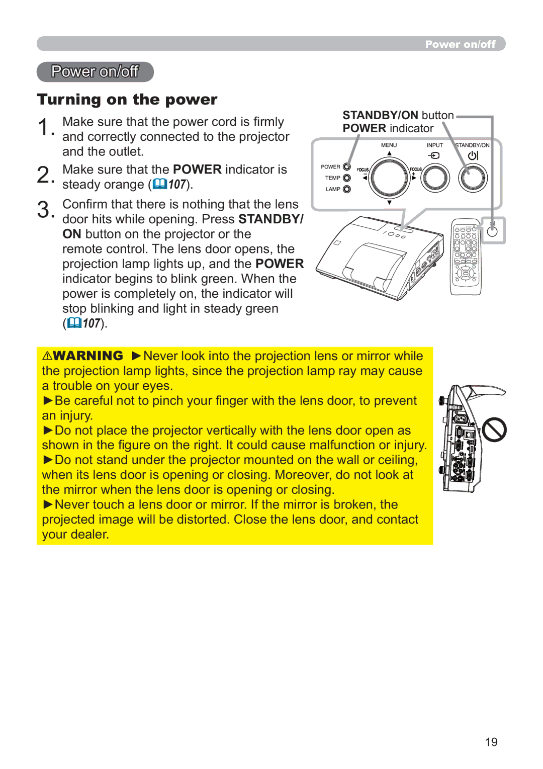 Dukane 8107HWI user manual Power on/off, Turning on the power, STANDBY/ON button, Power indicator 