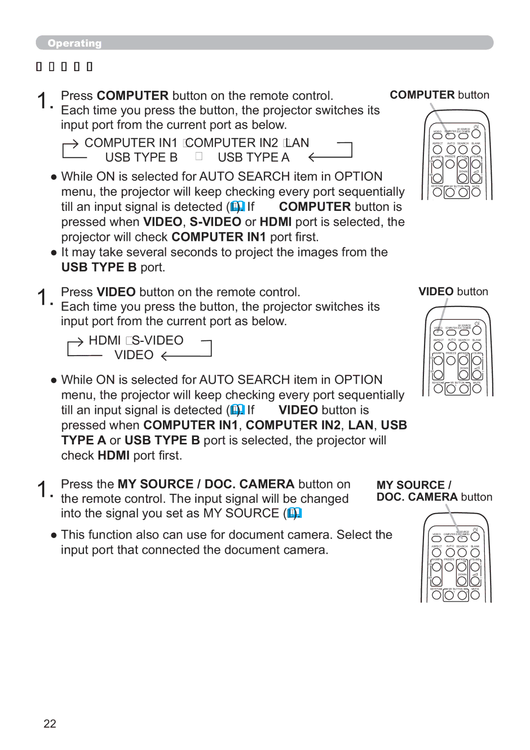 Dukane 8107HWI user manual Press the MY Source / DOC. Camera button on, Computer button, Video button 