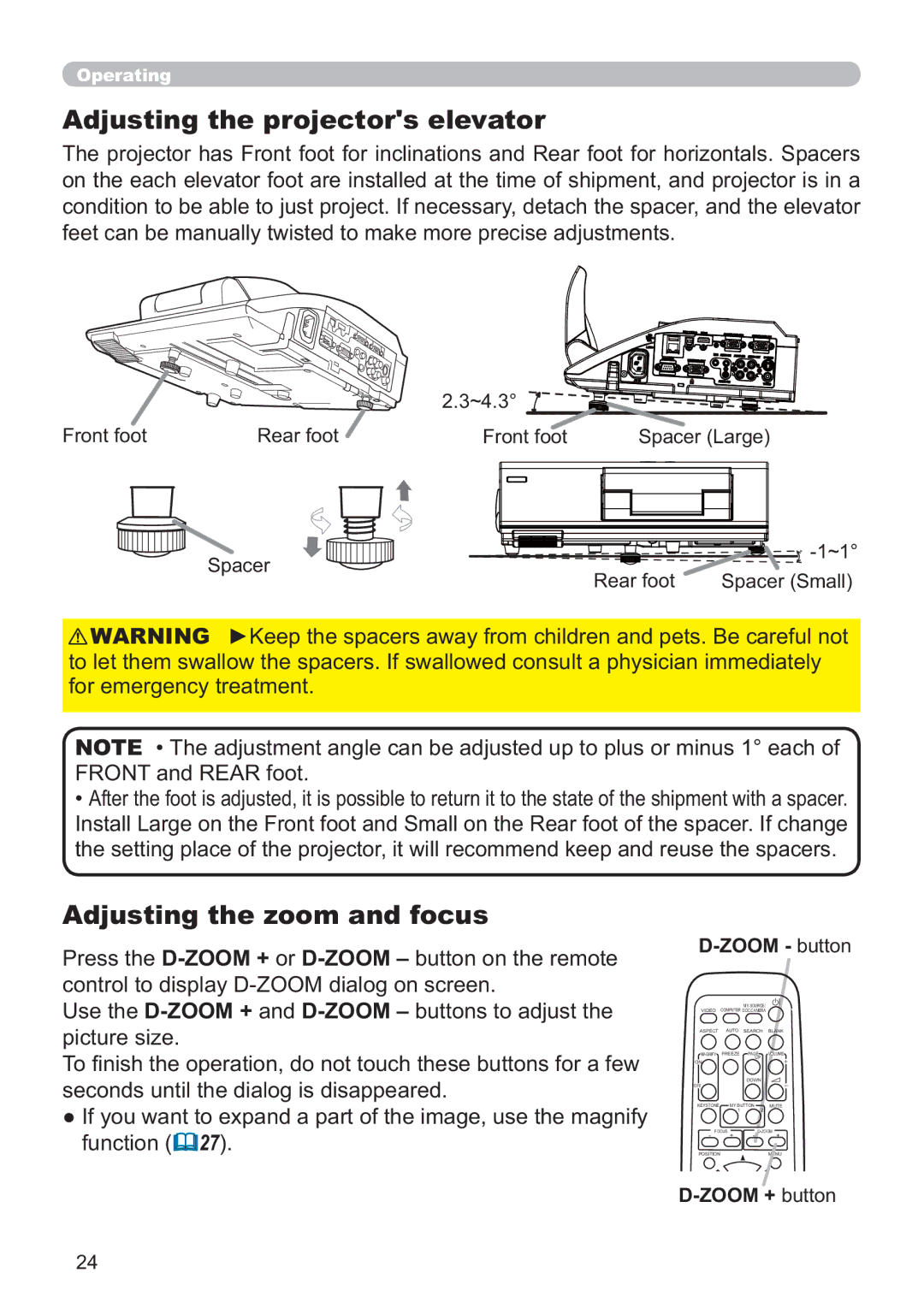 Dukane 8107HWI user manual Adjusting the projectors elevator, Adjusting the zoom and focus, Zoom button, Zoom + button 