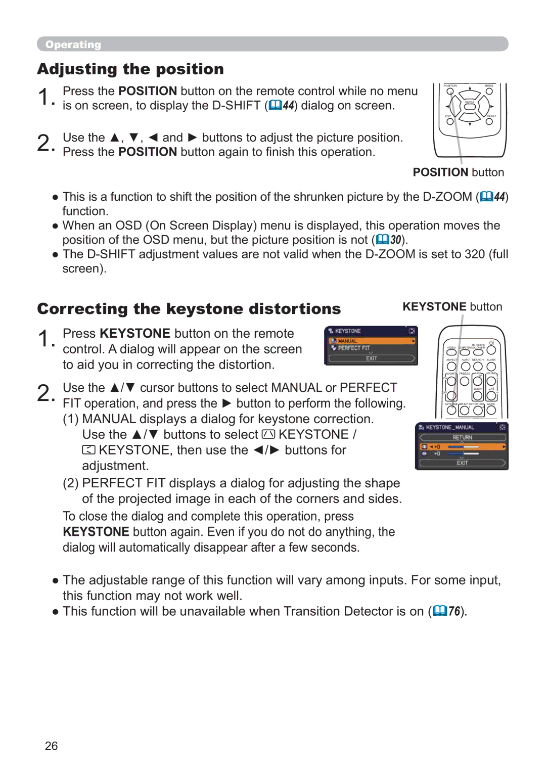 Dukane 8107HWI user manual Adjusting the position, Correcting the keystone distortions, Position button, Keystone button 