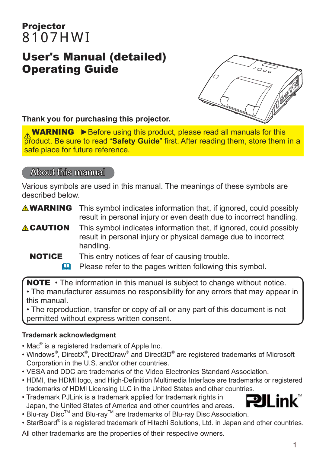 Dukane 8107HWI user manual About this manual, Projector, Thank you for purchasing this projector, Trademark acknowledgment 