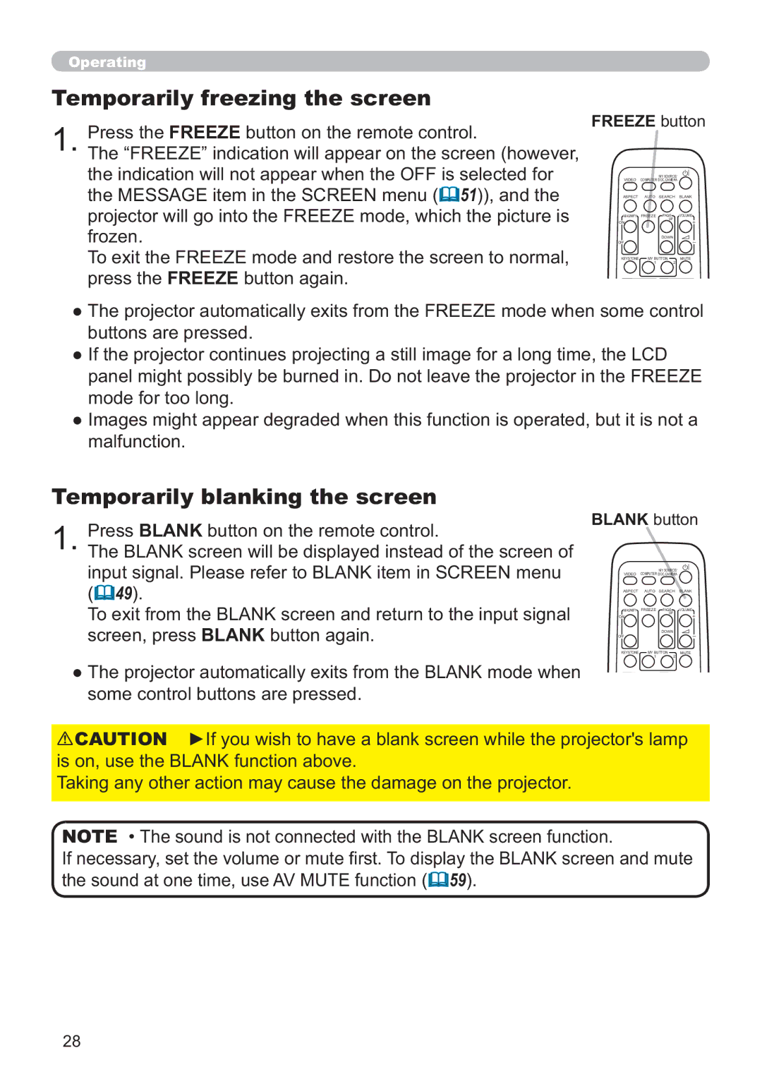 Dukane 8107HWI user manual Temporarily freezing the screen, Temporarily blanking the screen, Freeze button, Blank button 