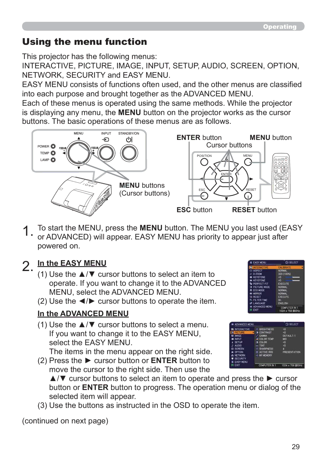 Dukane 8107HWI user manual Using the menu function, Advanced Menu, Enter button, ESC button Reset button 